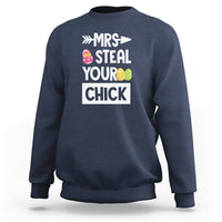 Blue crewneck sweatshirt with 'MRS STEAL YOUR CHICK' Easter graphic