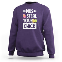 Purple crewneck sweatshirt with 'MRS STEAL YOUR CHICK' Easter graphic