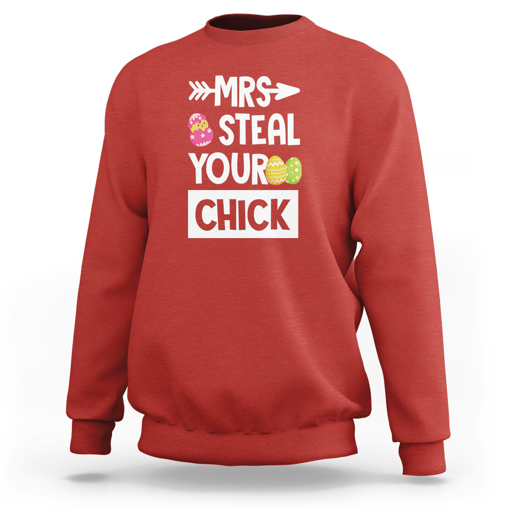 Red crewneck sweatshirt with 'MRS STEAL YOUR CHICK' Easter graphic
