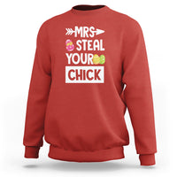 Red crewneck sweatshirt with 'MRS STEAL YOUR CHICK' Easter graphic