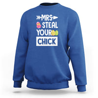 Royal blue crewneck sweatshirt with 'MRS STEAL YOUR CHICK' Easter graphic