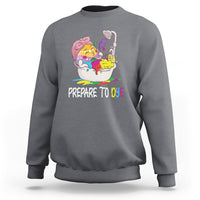 Charcoal gray Easter sweatshirt with 'Prepare to Dye' and colorful egg graphic