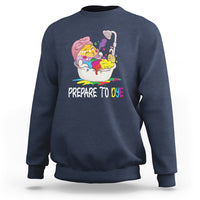 Navy Easter sweatshirt with 'Prepare to Dye' text and colorful egg illustration