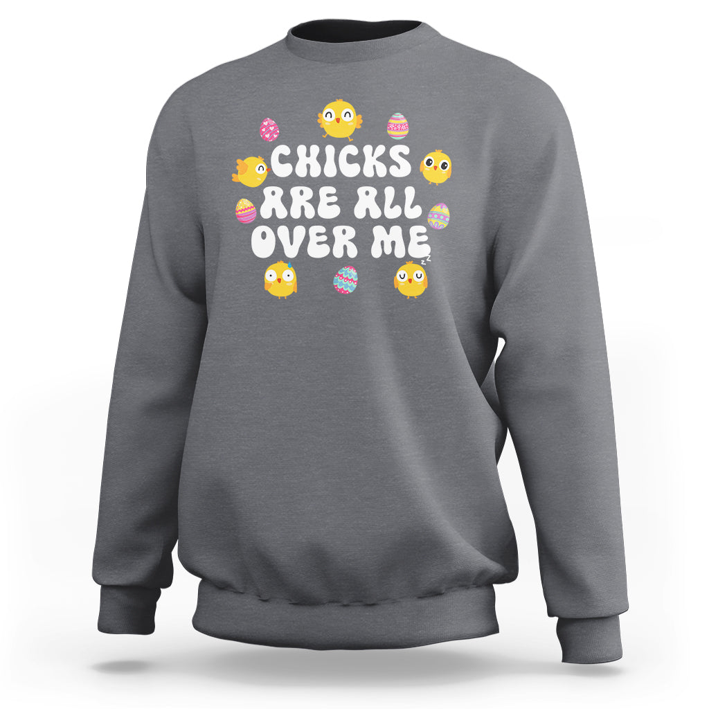 Charcoal gray Easter chicks baby sweatshirt with colorful chick graphic and ribbed cuffs