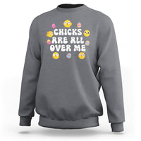 Charcoal gray Easter chicks baby sweatshirt with colorful chick graphic and ribbed cuffs