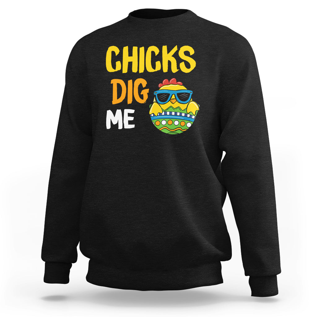 Kids Easter sweatshirt in black with “CHICKS DIG ME” and chick egg graphic