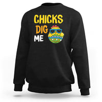 Kids Easter sweatshirt in black with “CHICKS DIG ME” and chick egg graphic