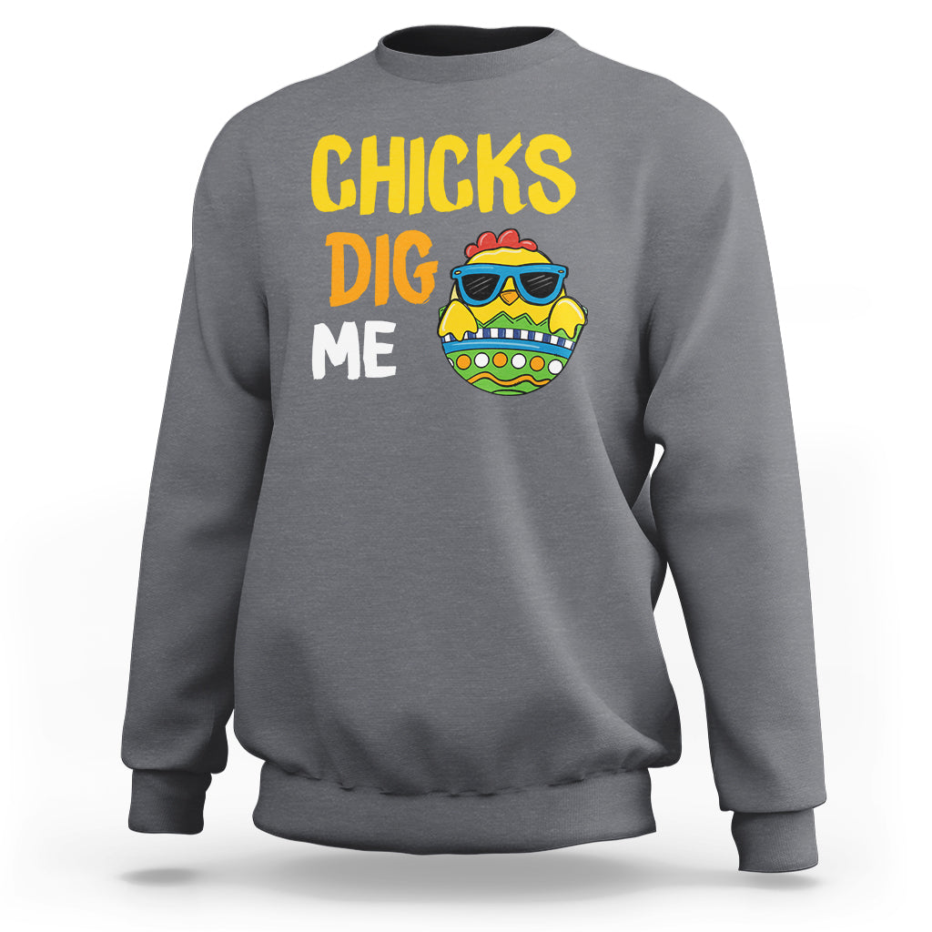 Kids Easter sweatshirt in charcoal with “CHICKS DIG ME” and chick egg graphic