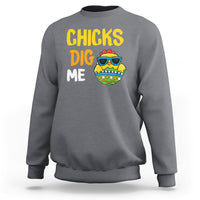 Kids Easter sweatshirt in charcoal with “CHICKS DIG ME” and chick egg graphic