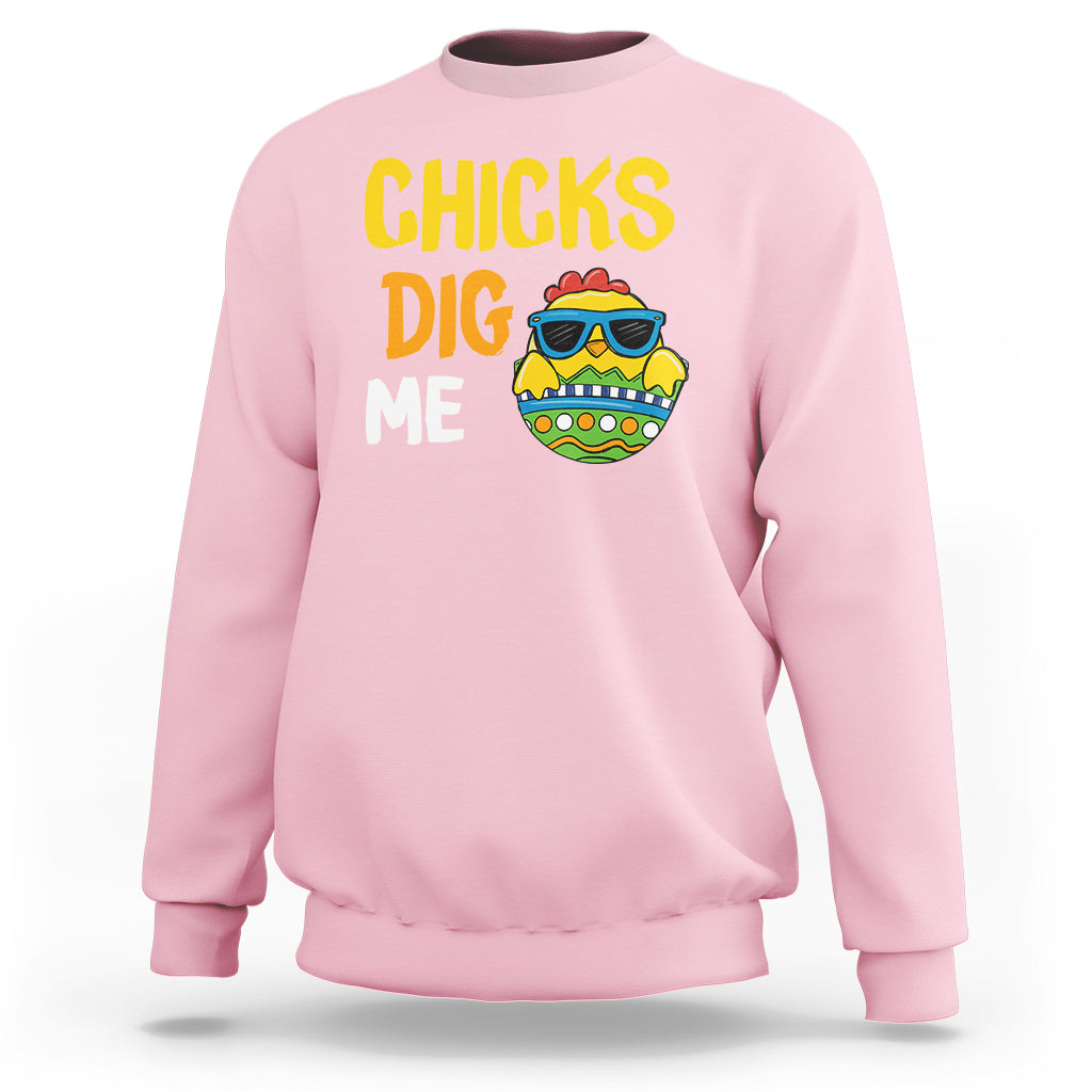Kids Easter sweatshirt in light pink with “CHICKS DIG ME” and chick egg graphic