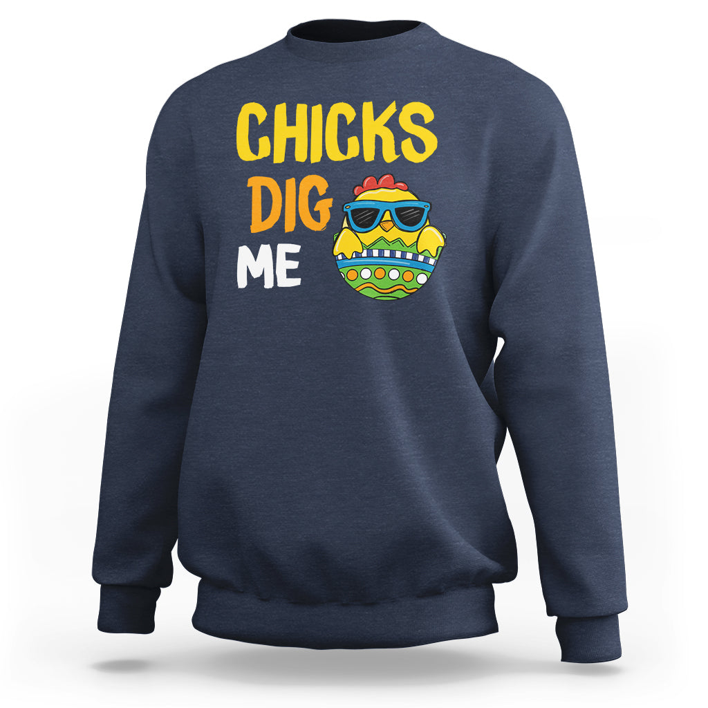Kids Easter sweatshirt in navy with “CHICKS DIG ME” and chick egg graphic