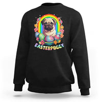 Black crewneck sweatshirt with colorful pug-and-eggs Easter graphic and rainbow arch