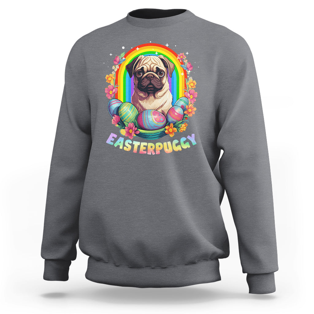 Charcoal crewneck sweatshirt with colorful pug-and-eggs Easter graphic and rainbow arch