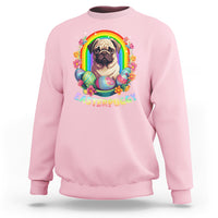 Light pink crewneck sweatshirt with colorful pug-and-eggs Easter graphic and rainbow arch