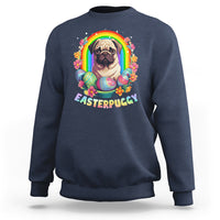Navy crewneck sweatshirt with colorful pug-and-eggs Easter graphic and rainbow arch