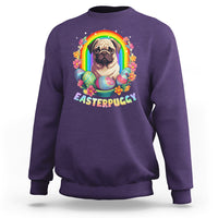 Purple crewneck sweatshirt with colorful pug-and-eggs Easter graphic and rainbow arch