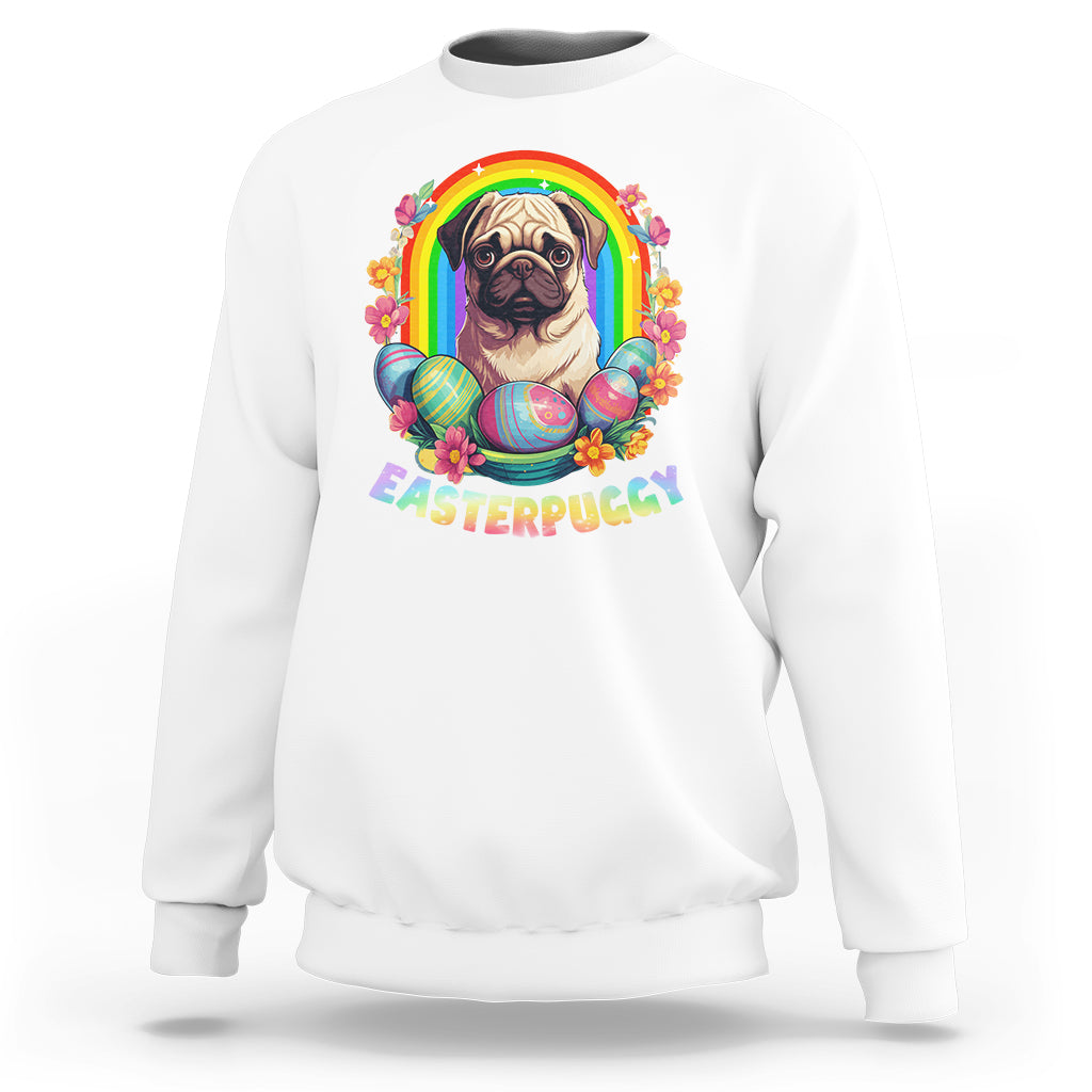 White crewneck sweatshirt with colorful pug-and-eggs Easter graphic and rainbow arch