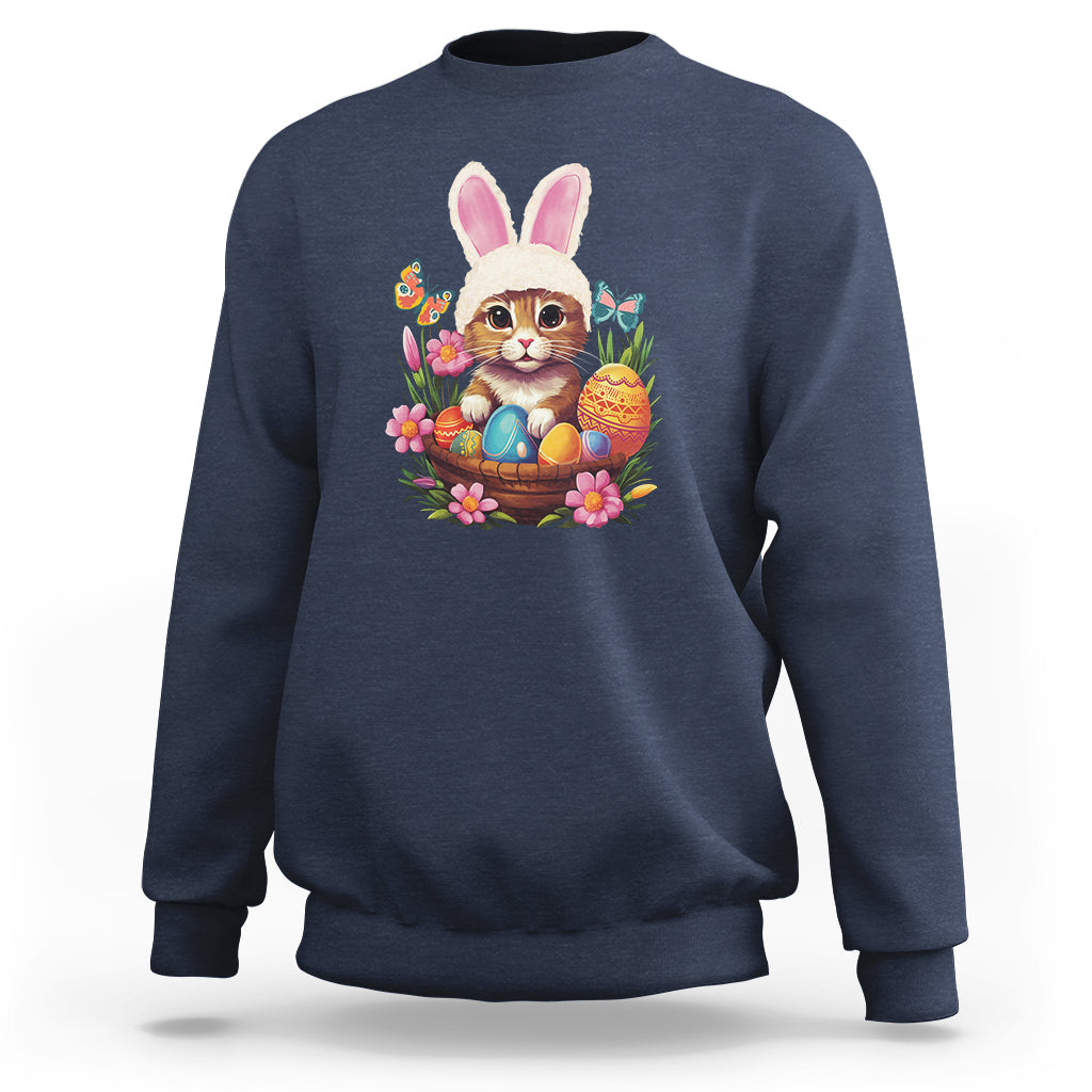 Navy sweatshirt with colorful Easter bunny cat graphic and eggs basket at chest