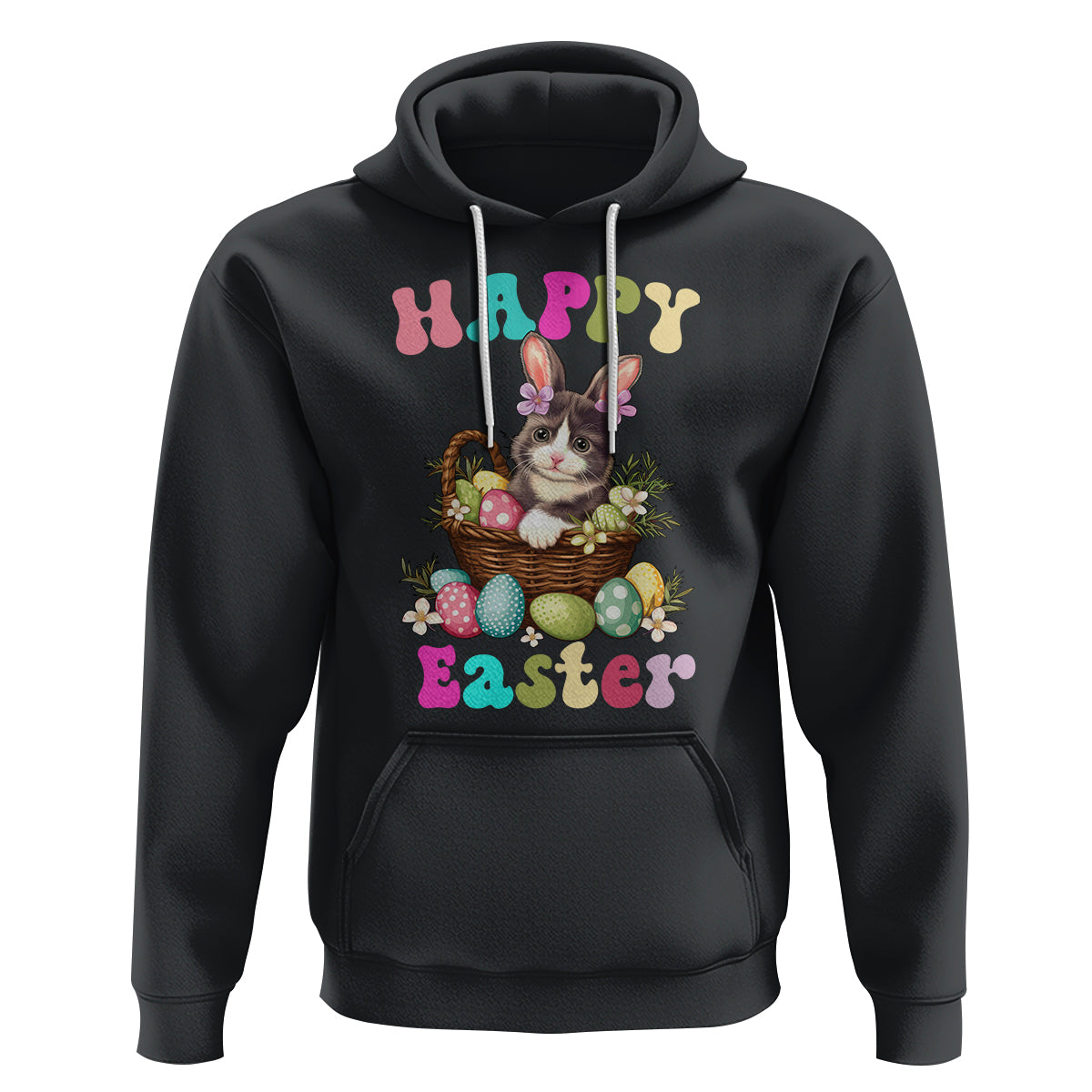 Black Easter hoodie with cat-and-bunny graphic, egg basket design, and kangaroo pocket.