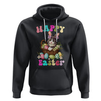 Black Easter hoodie with cat-and-bunny graphic, egg basket design, and kangaroo pocket.