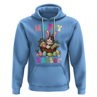 Carolina blue Easter hoodie with cat-and-bunny graphic, egg basket design, and kangaroo pocket.