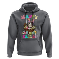 Charcoal gray Easter hoodie with cat-and-bunny graphic, egg basket design, and kangaroo pocket.