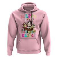 Light pink Easter hoodie with cat-and-bunny graphic, egg basket design, and kangaroo pocket.