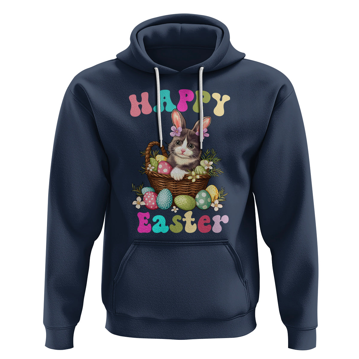 Navy Easter hoodie with cat-and-bunny graphic, egg basket design, and kangaroo pocket.