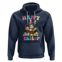 Navy Easter hoodie with cat-and-bunny graphic, egg basket design, and kangaroo pocket.