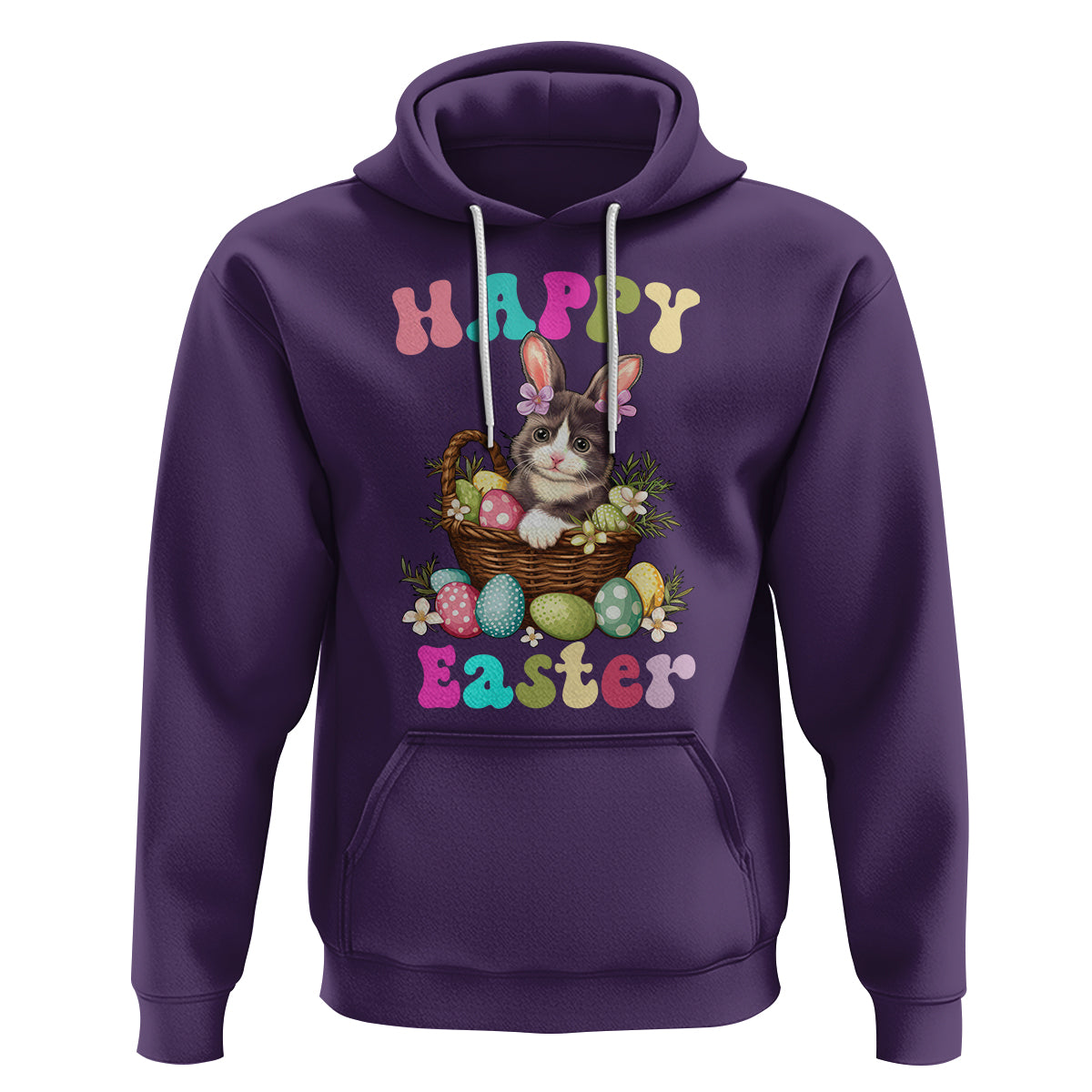 Purple Easter hoodie with cat-and-bunny graphic, egg basket design, and kangaroo pocket.