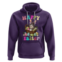 Purple Easter hoodie with cat-and-bunny graphic, egg basket design, and kangaroo pocket.