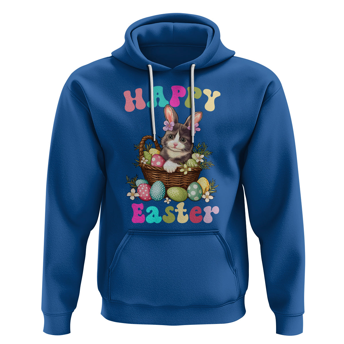 Royal blue Easter hoodie with cat-and-bunny graphic, egg basket design, and kangaroo pocket.