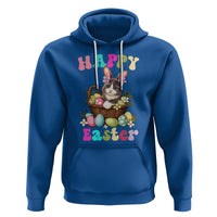Royal blue Easter hoodie with cat-and-bunny graphic, egg basket design, and kangaroo pocket.