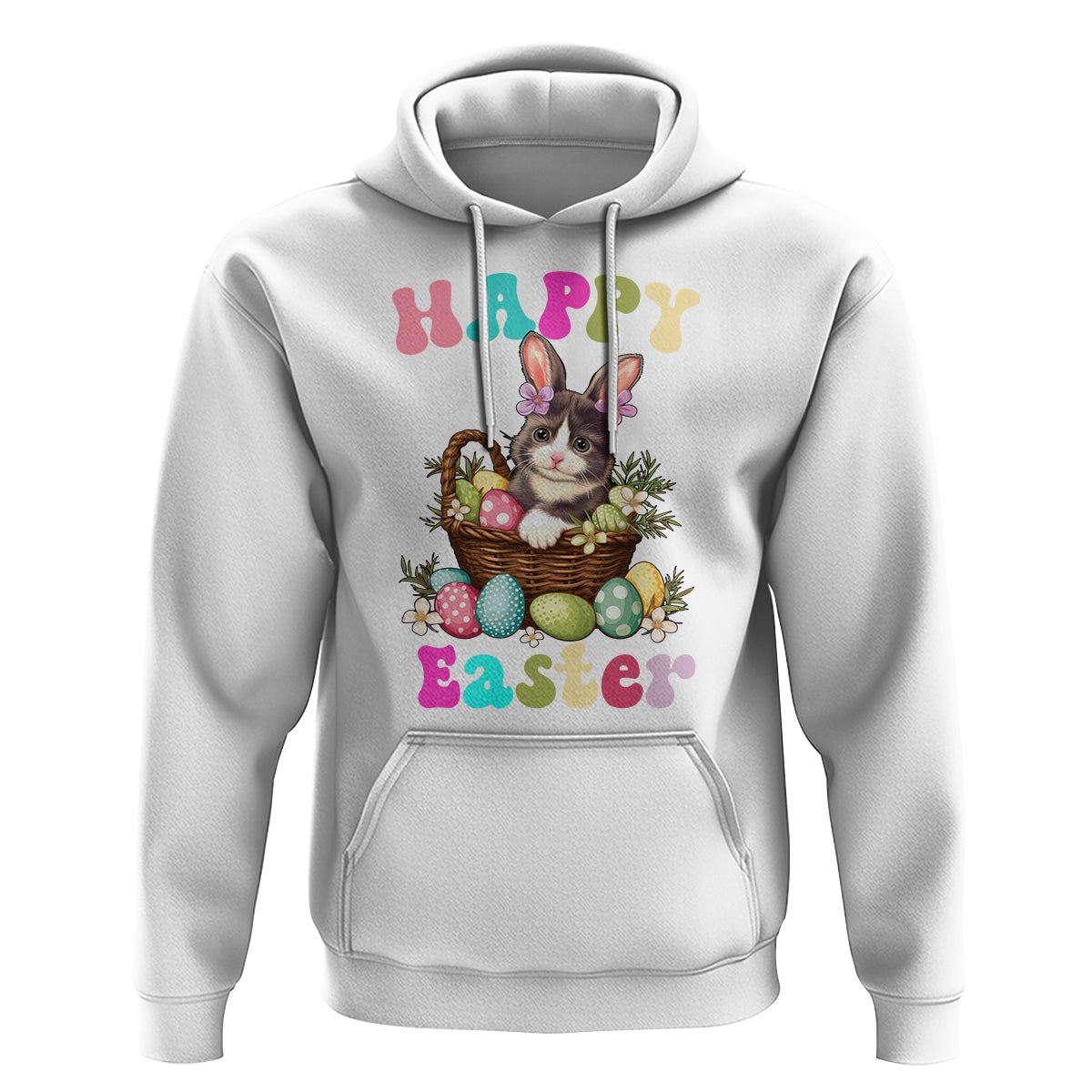 White Easter hoodie with cat-and-bunny graphic, egg basket design, and kangaroo pocket.