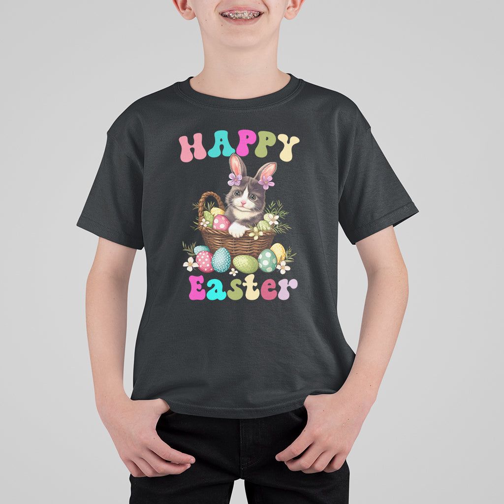 Kids Easter T-shirt, black, 'Happy Easter' bunny-cat egg basket front graphic