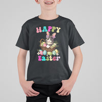 Kids Easter T-shirt, black, 'Happy Easter' bunny-cat egg basket front graphic