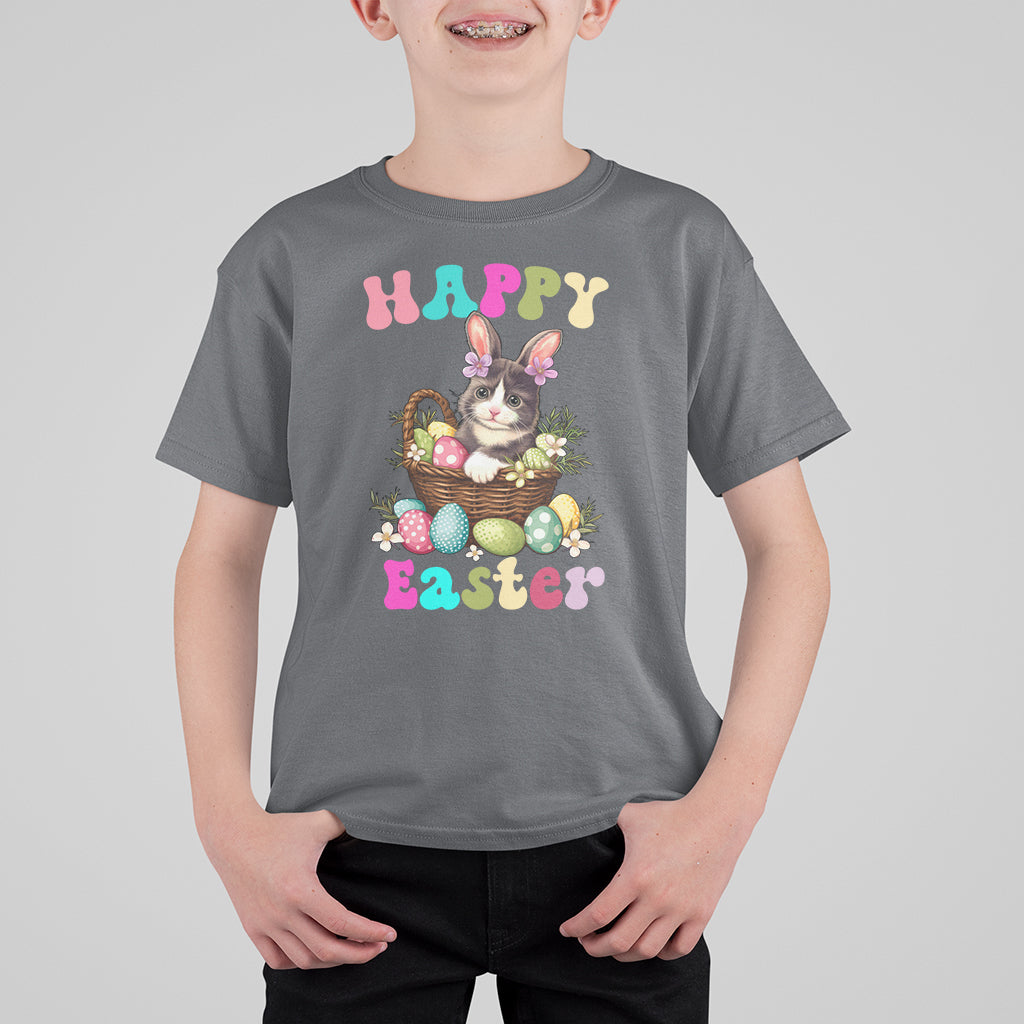 Kids Easter T-shirt, charcoal gray, 'Happy Easter' bunny-cat egg basket front graphic