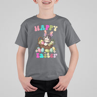 Kids Easter T-shirt, charcoal gray, 'Happy Easter' bunny-cat egg basket front graphic
