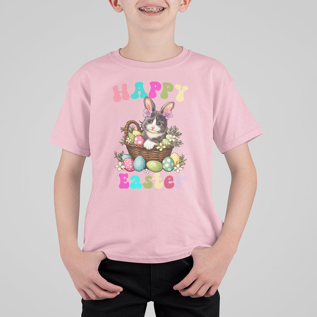 Kids Easter T-shirt, light pink, 'Happy Easter' bunny-cat egg basket front graphic