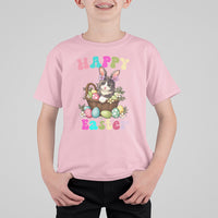 Kids Easter T-shirt, light pink, 'Happy Easter' bunny-cat egg basket front graphic