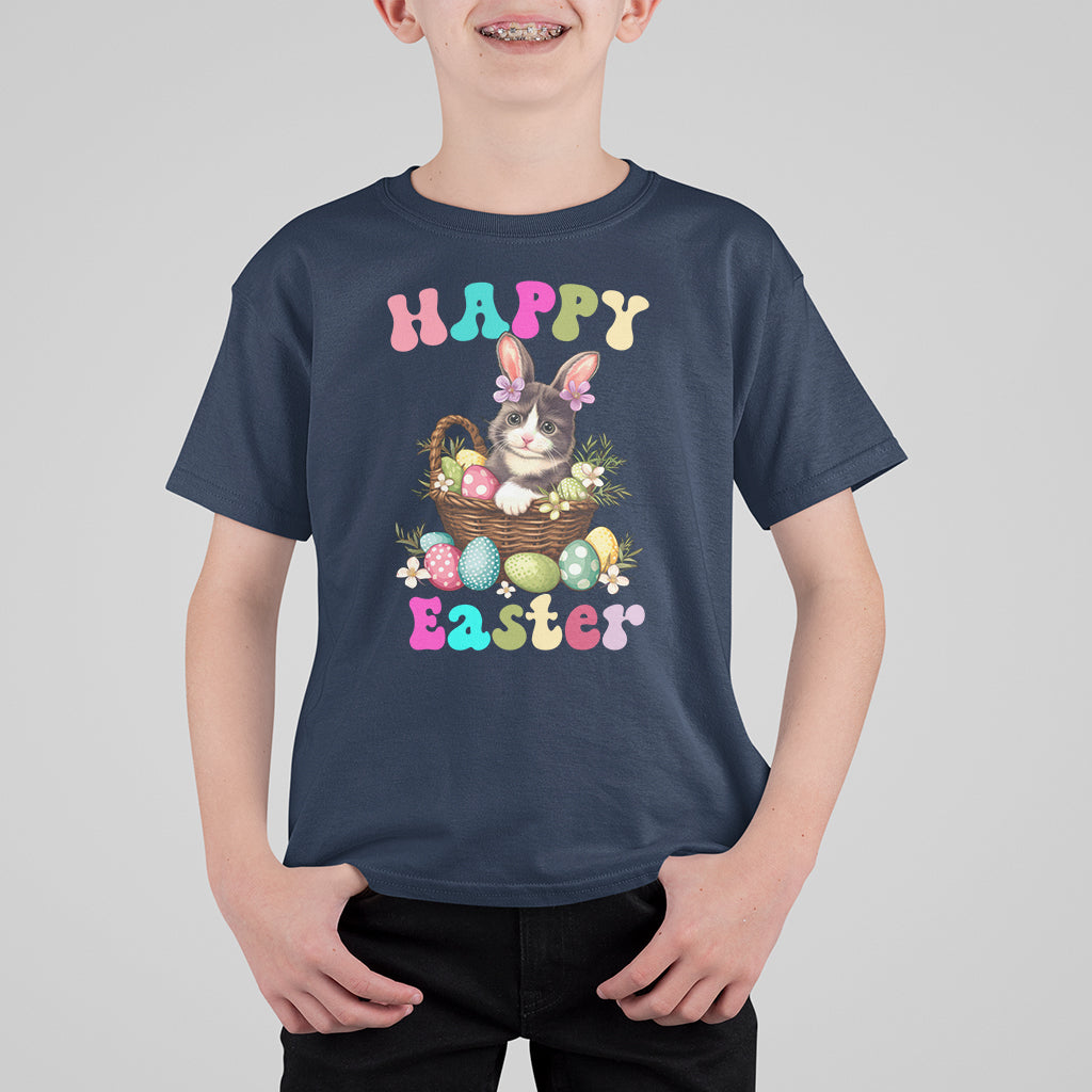 Kids Easter T-shirt, navy, 'Happy Easter' bunny-cat egg basket front graphic