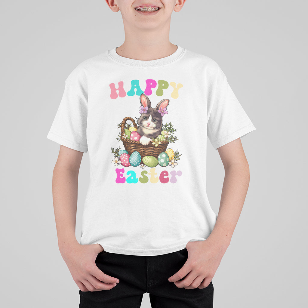 Kids Easter T-shirt, white, 'Happy Easter' bunny-cat egg basket front graphic