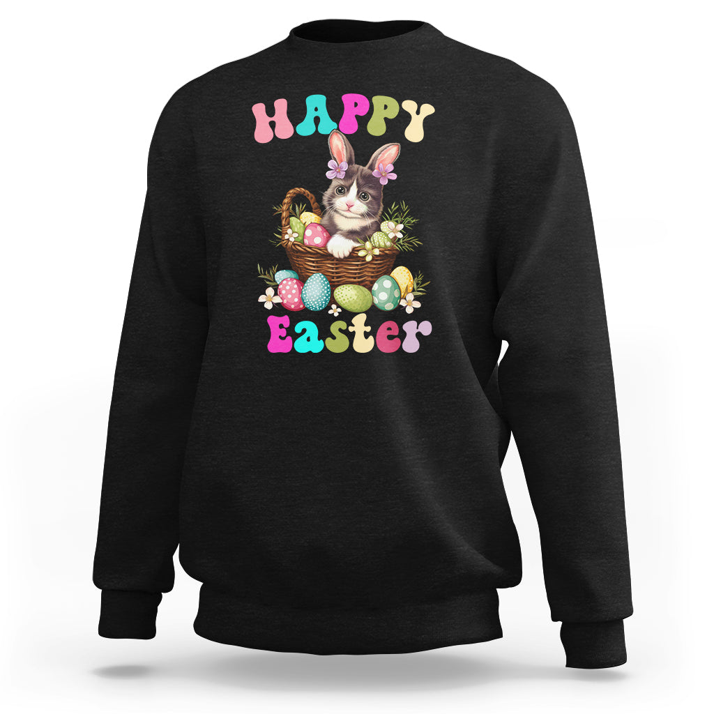 Black Easter sweatshirt with cute bunny-cat holding an egg basket graphic