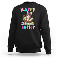 Black Easter sweatshirt with cute bunny-cat holding an egg basket graphic