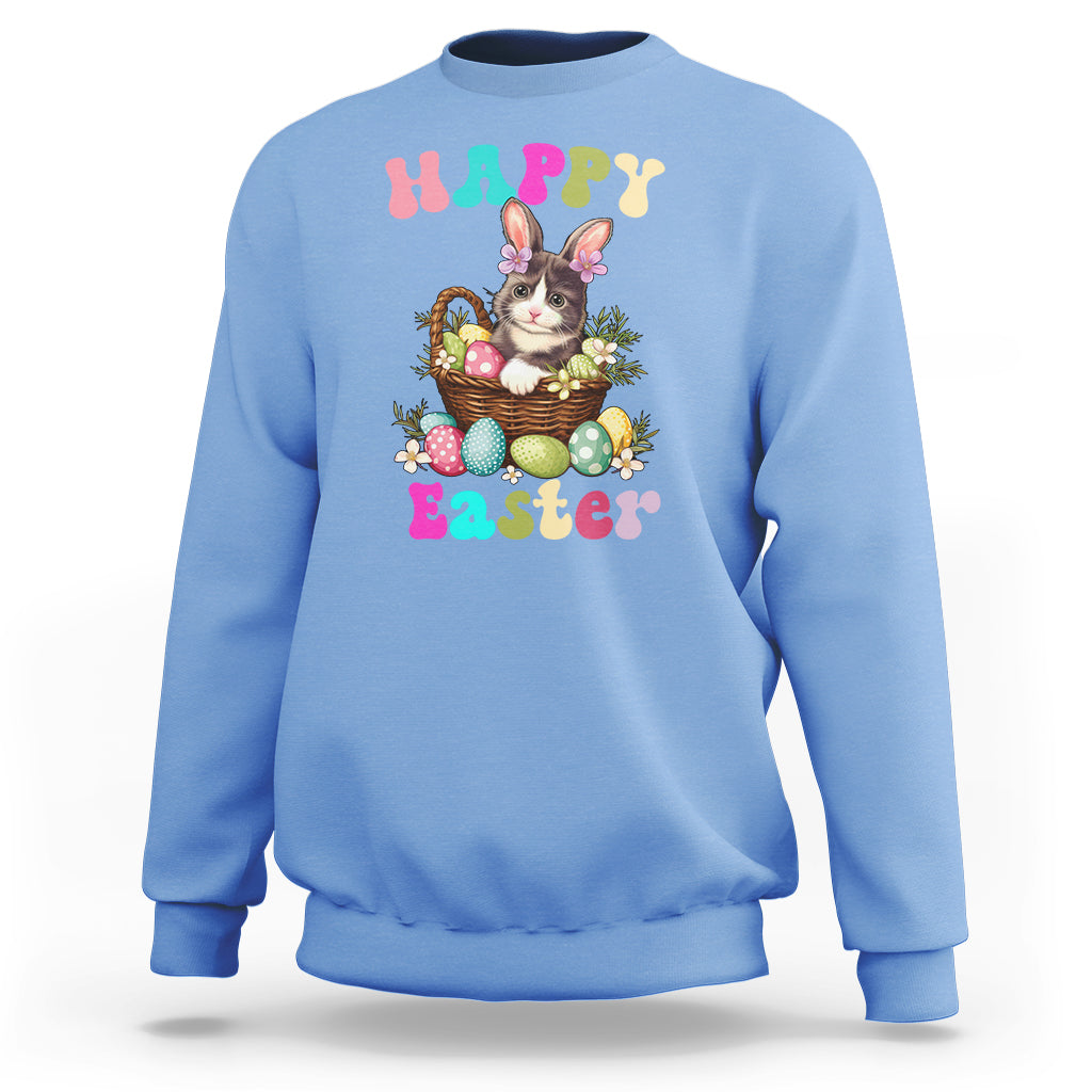 Carolina blue Easter sweatshirt with cute bunny-cat holding an egg basket graphic