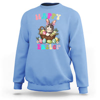 Carolina blue Easter sweatshirt with cute bunny-cat holding an egg basket graphic