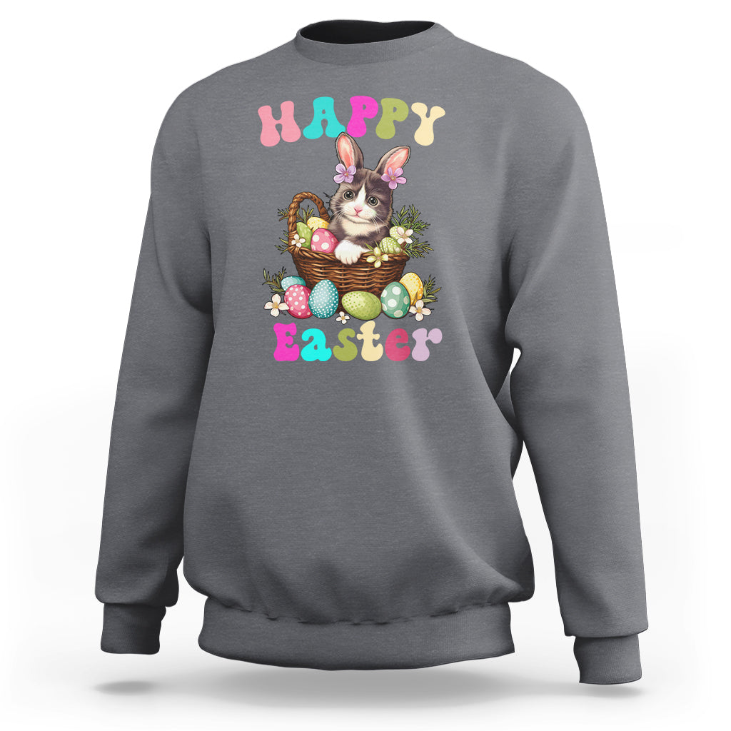 Charcoal Easter sweatshirt with cute bunny-cat holding an egg basket graphic