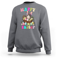 Charcoal Easter sweatshirt with cute bunny-cat holding an egg basket graphic