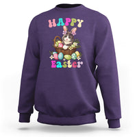Purple Easter sweatshirt with cute bunny-cat holding an egg basket graphic