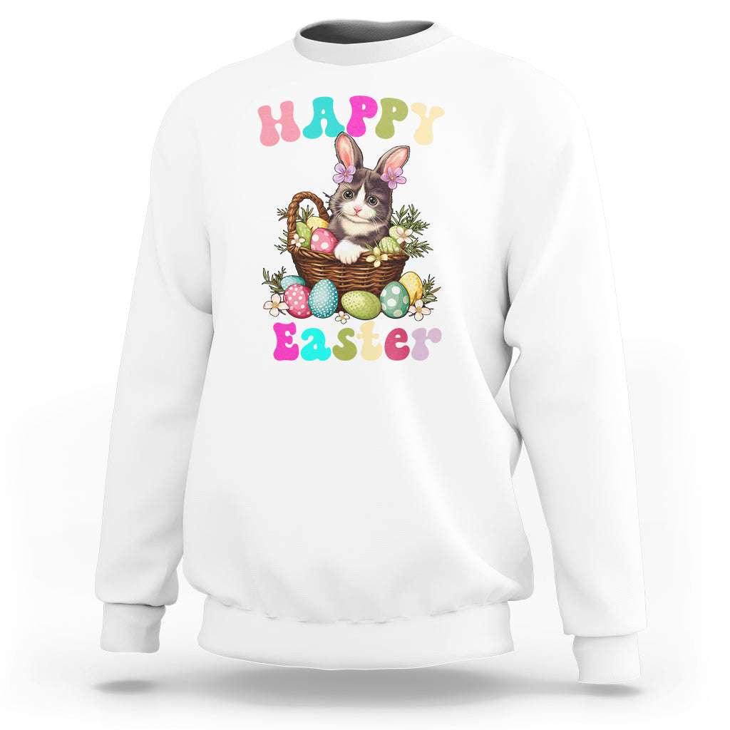 White Easter sweatshirt with cute bunny-cat holding an egg basket graphic